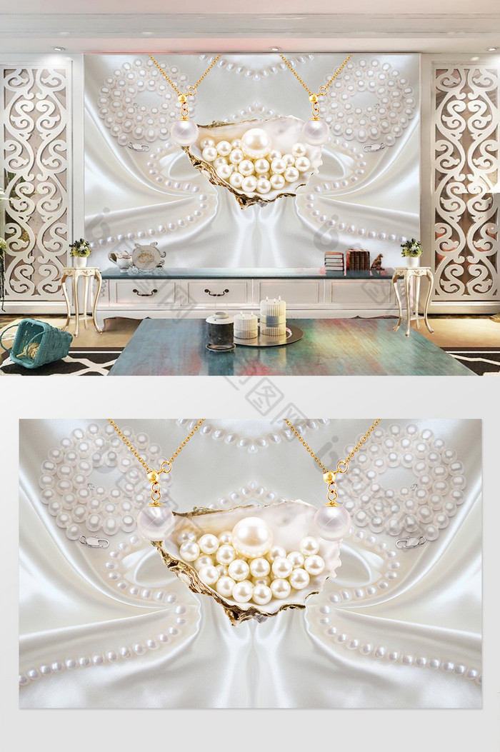 3D珠宝丝绸扇贝珍珠电视背景墙图片图片