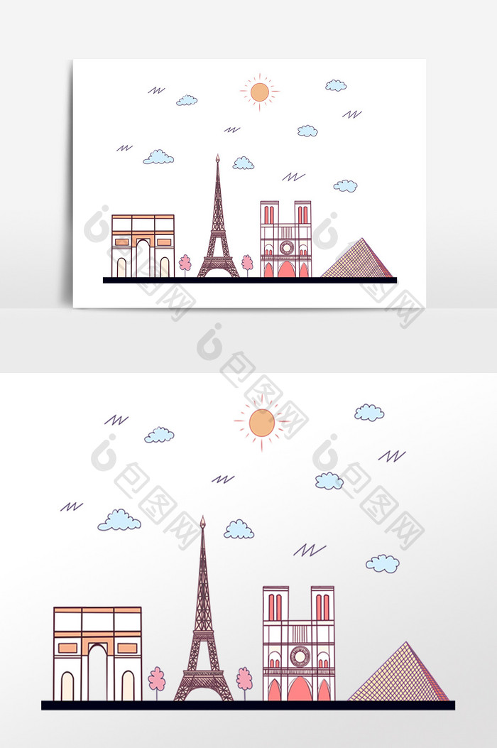 手绘著名建筑地巴黎插画素材