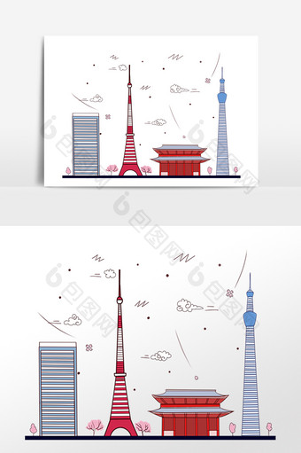 手绘著名建筑地东京插画素材图片