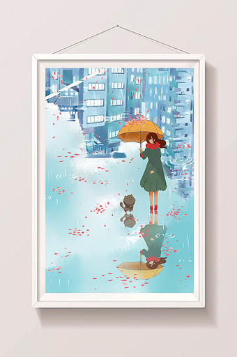 蓝色下雨天撑伞少女城市唯美清新插画图片