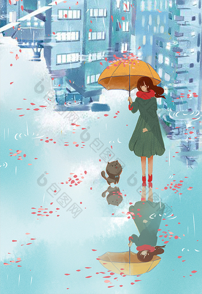 蓝色下雨天撑伞少女城市唯美清新插画