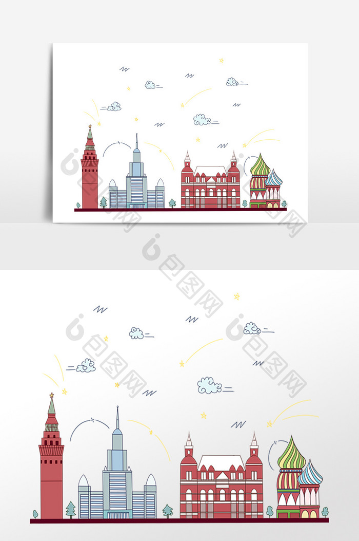 手绘著名建筑地莫斯科插画素材