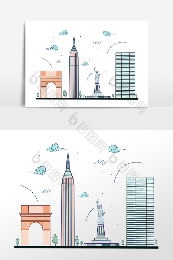 手绘著名建筑地纽约插画素材