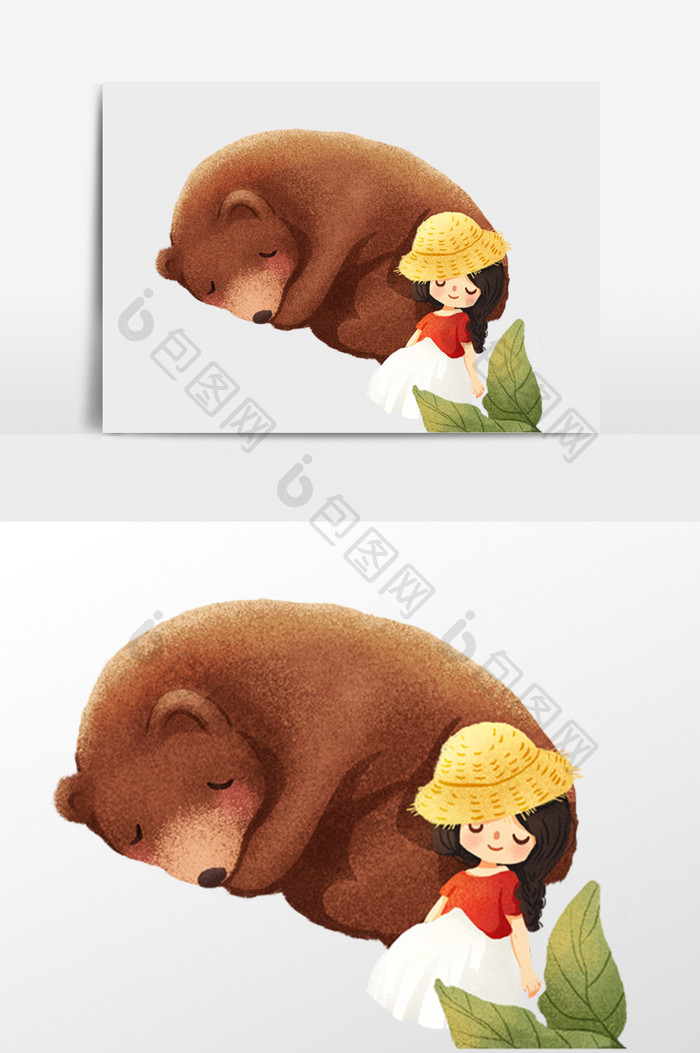 手绘小熊和女孩插画元素