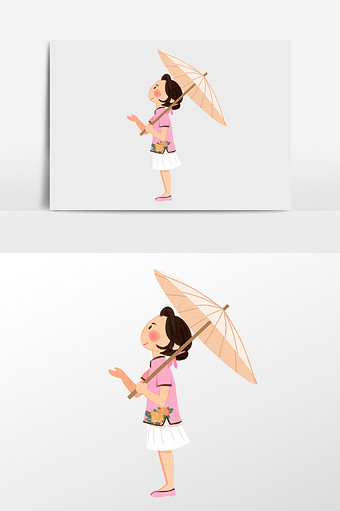 手绘拿伞女孩的插画元素图片