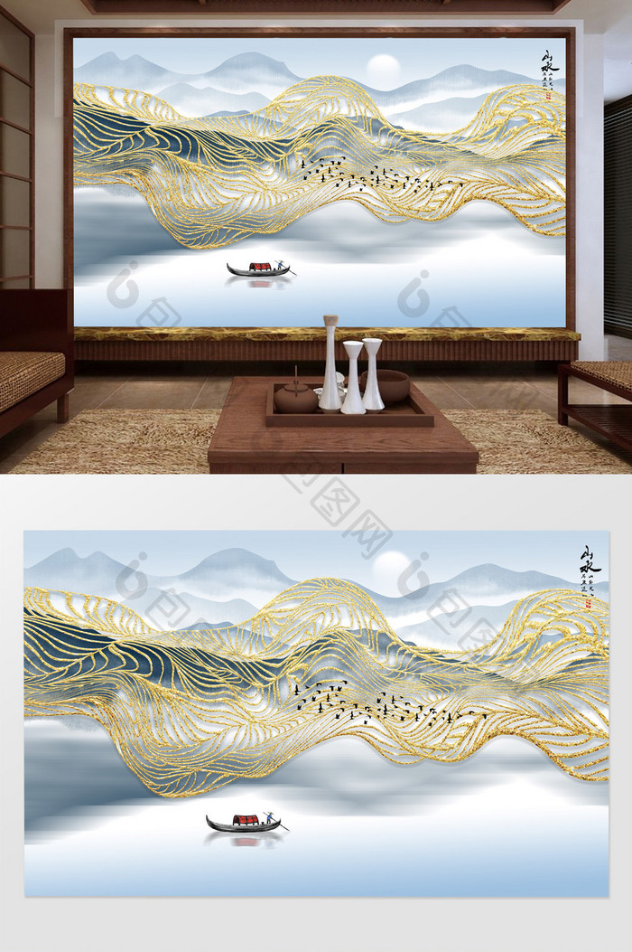 新中式金色线条抽象山水背景壁画