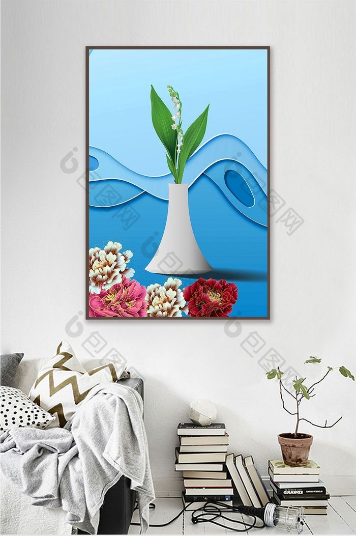 蓝色花瓶北欧浅色3D系列装饰画背景墙