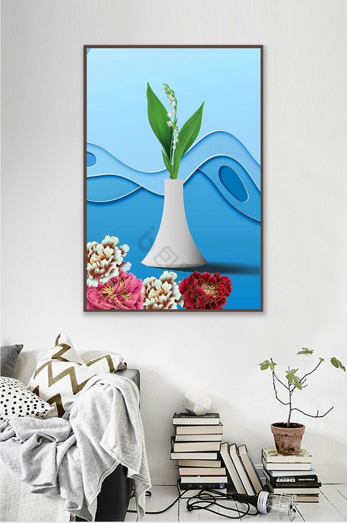 蓝色花瓶北欧浅色3D系列装饰画背景墙图片
