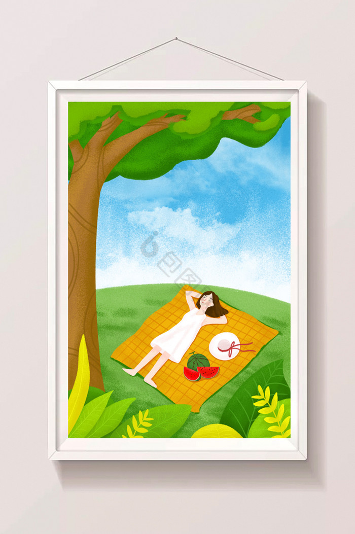 夏季处暑女孩出游树下乘凉插画图片