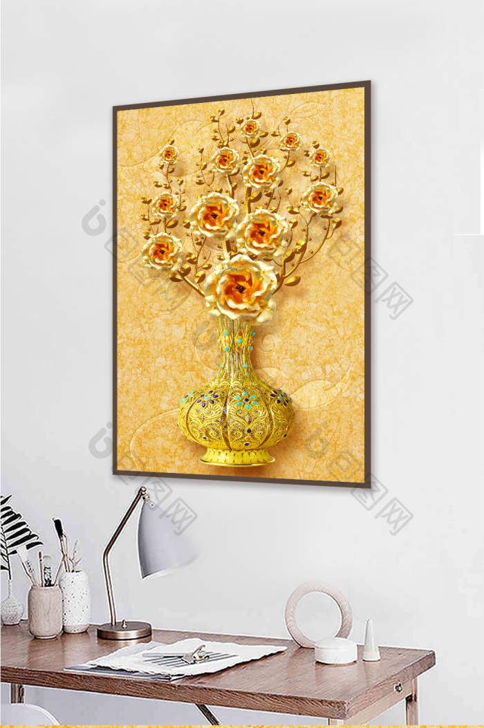 金色北欧风格3d立体花瓶立体花装饰画-金色北欧风格3d立体花瓶立体花装饰画效果图-【包图网】