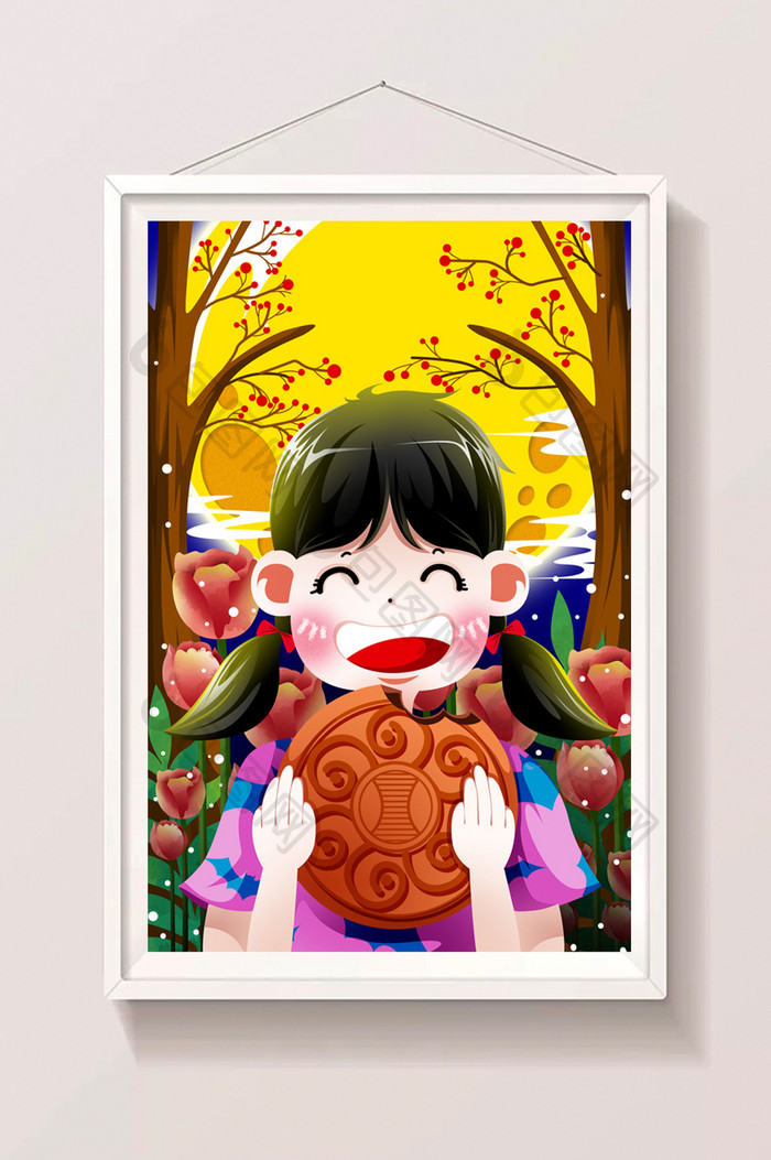 中秋节女孩赏月吃月饼手绘插画