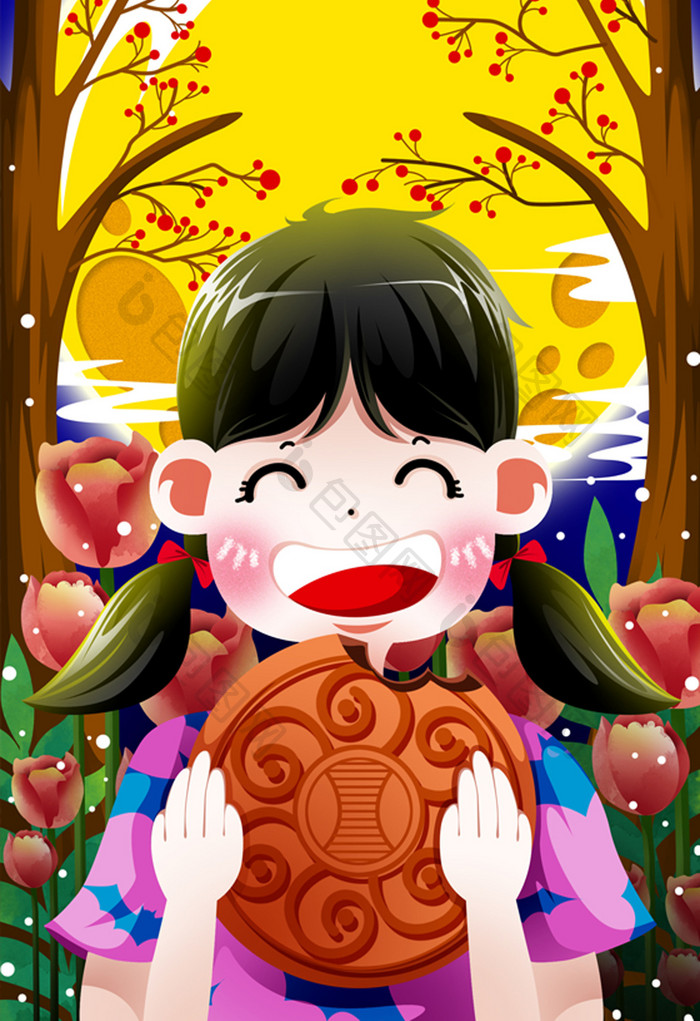 中秋节女孩赏月吃月饼手绘插画