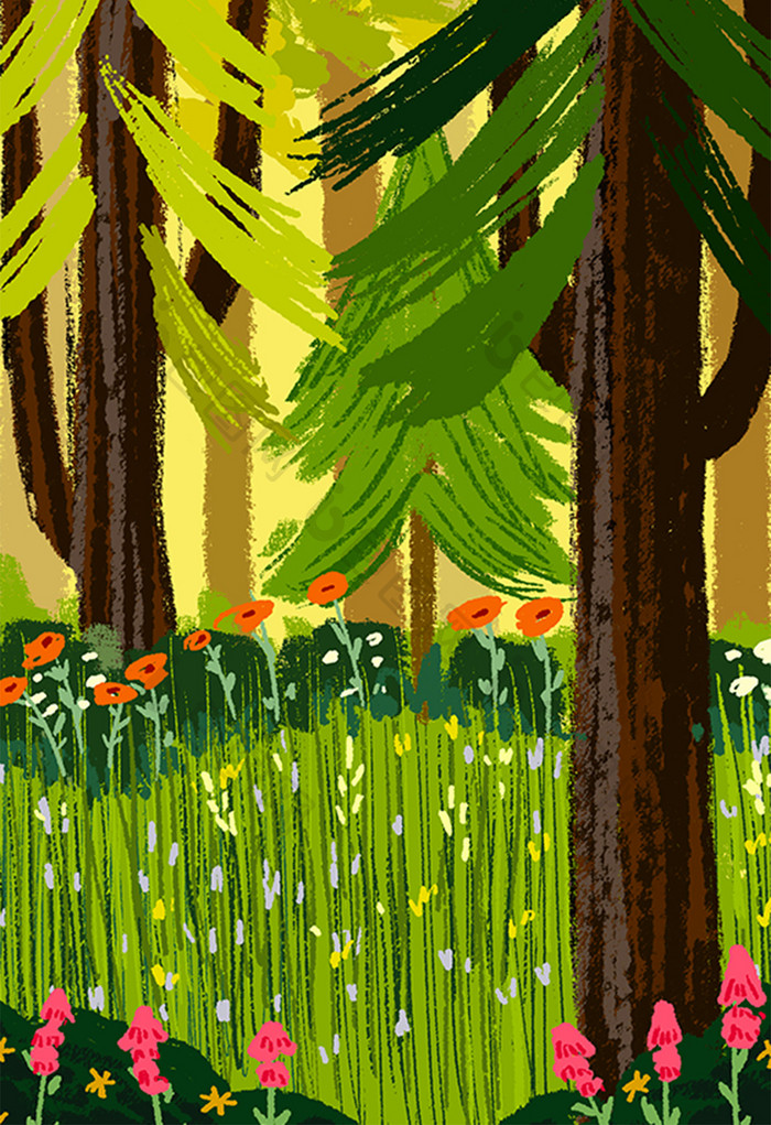 小清新绿色系森林手绘插画背景