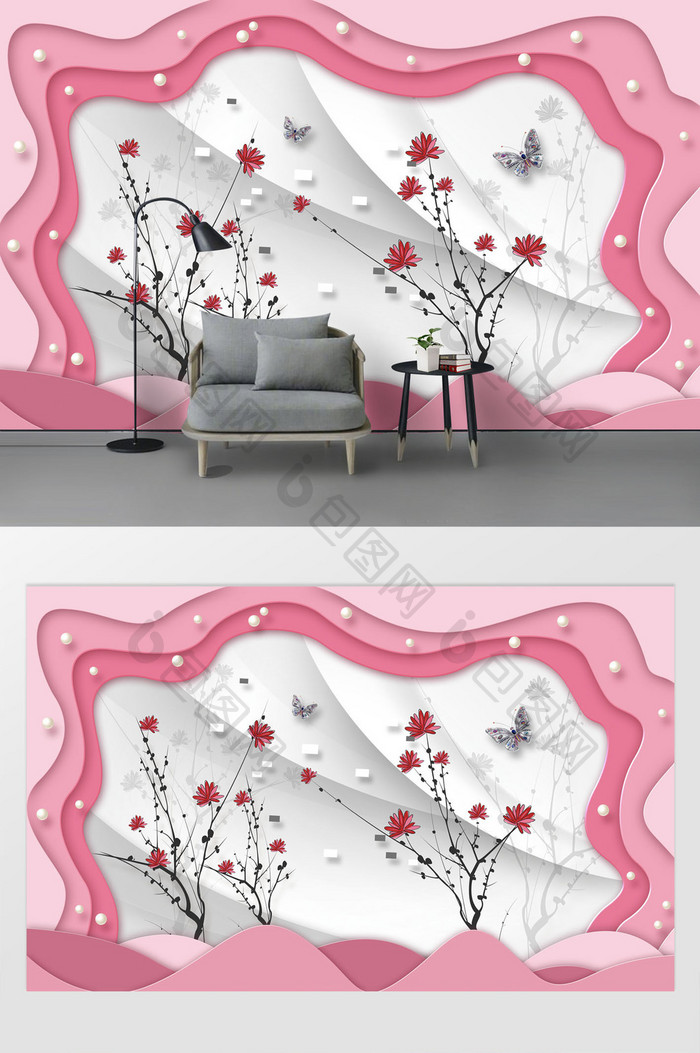 现代简约粉色温馨花枝珍珠时尚唯美背景墙