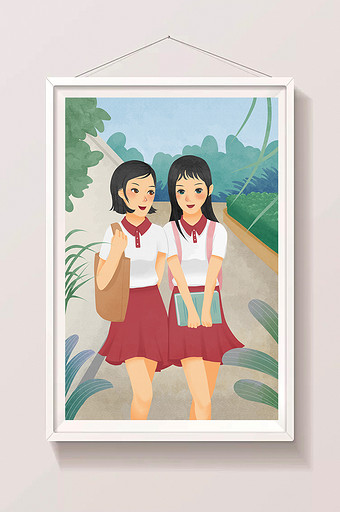 唯美清新高中生少女开学季上学路上插画图片