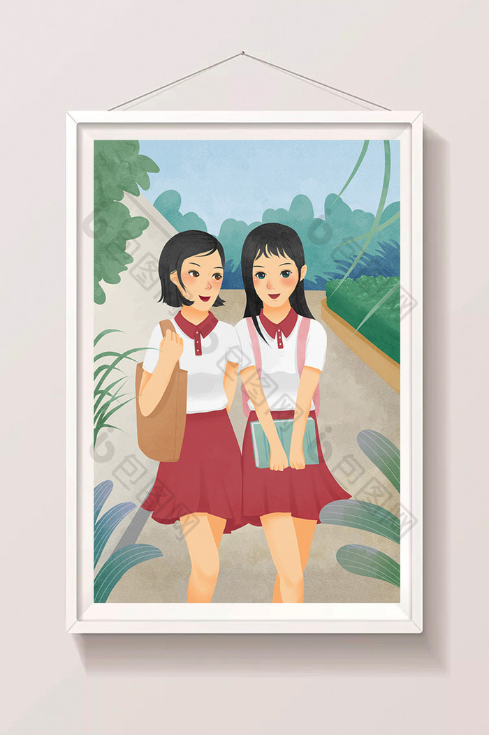 唯美清新高中生少女开学季上学路上插画