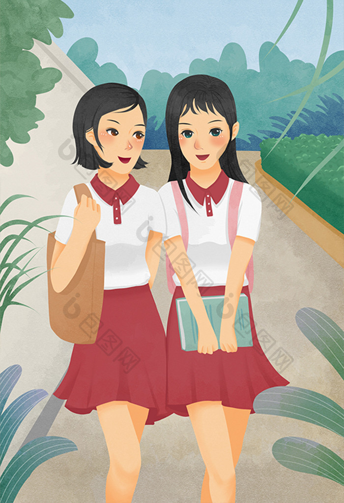 唯美清新高中生少女开学季上学路上插画