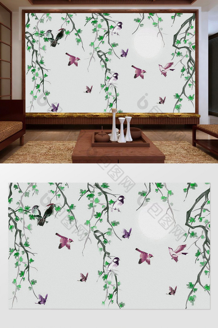 中式飞鸟卧室油画背景墙