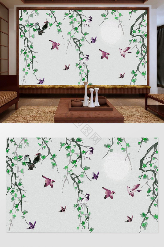 中式飞鸟卧室油画背景墙图片