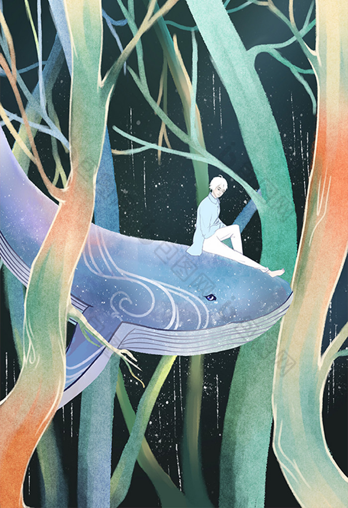 蓝鲸鱼森林梦幻插画图片