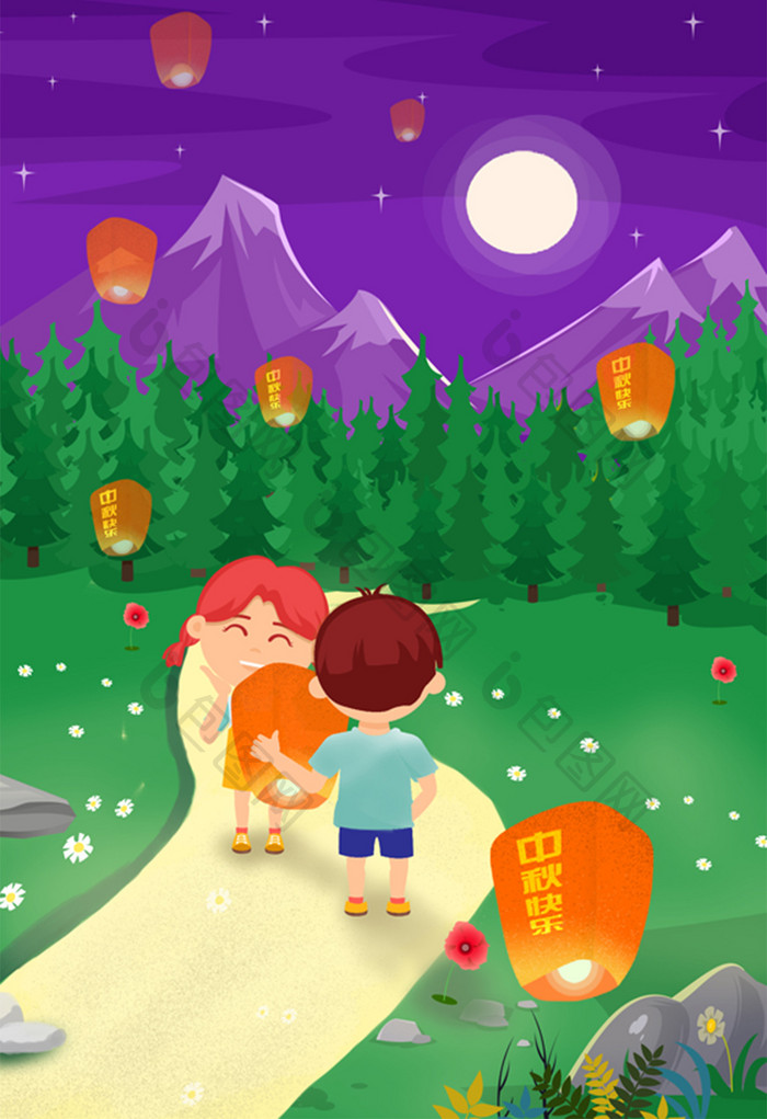 俩小孩在乡村小路上放孔明灯过中秋节插画