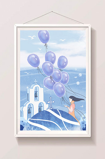 蓝色蔚蓝清新少女气球海边教堂插画图片