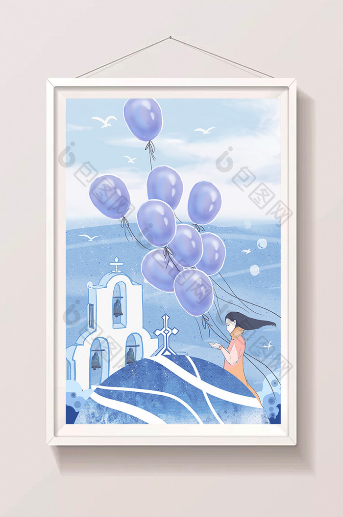 蓝色蔚蓝清新少女气球海边教堂插画