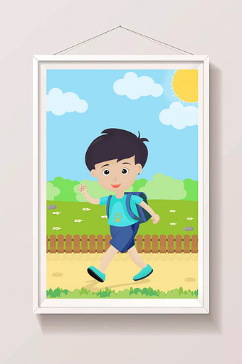 简约清新男孩上学路上插画图片