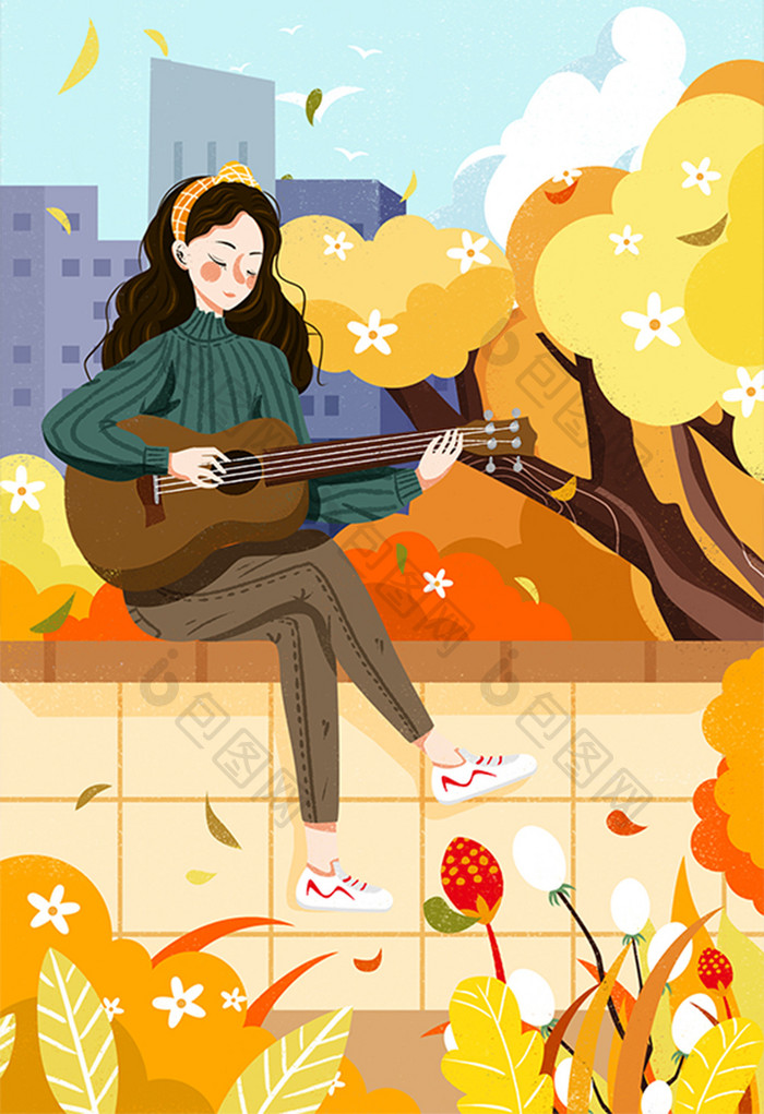 唯美节气秋分插画坐在围墙上弹吉他女孩插画