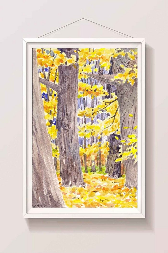 秋季森林黄叶风景插画图片