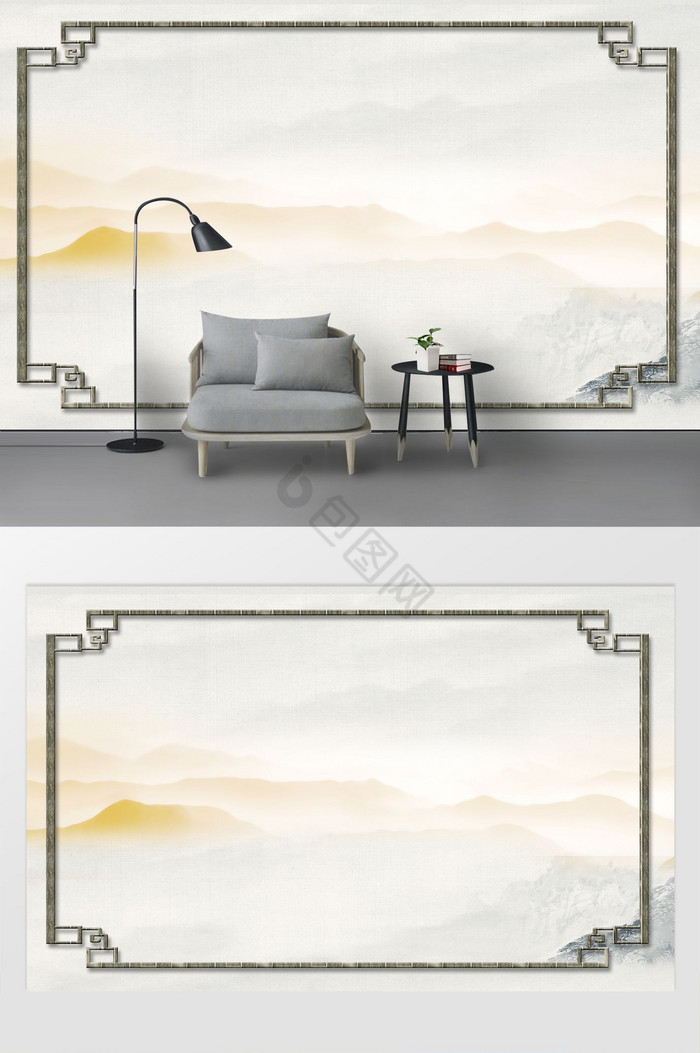 黄灰色山水背景墙图片