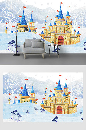 可爱雪景城堡油画儿童房背景墙壁纸图片