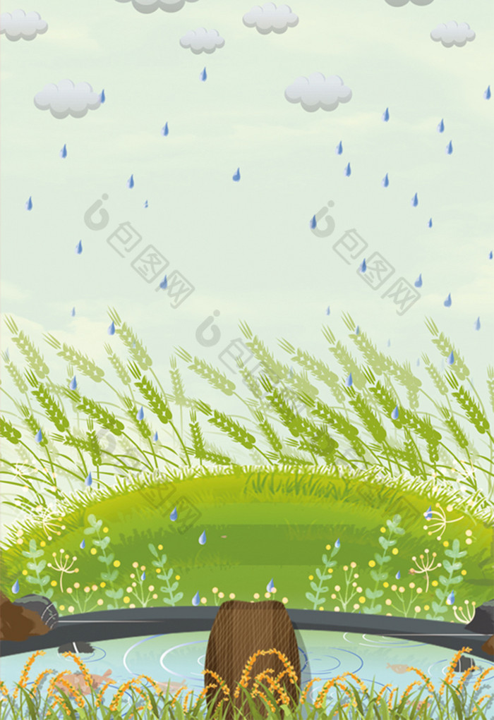下雨草地插画图片
