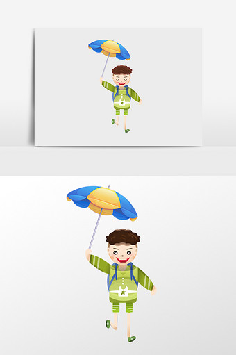 手绘举伞的小男孩插画元素图片