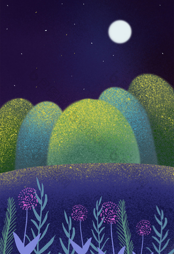 小清新夜景月下植物花卉月亮背景