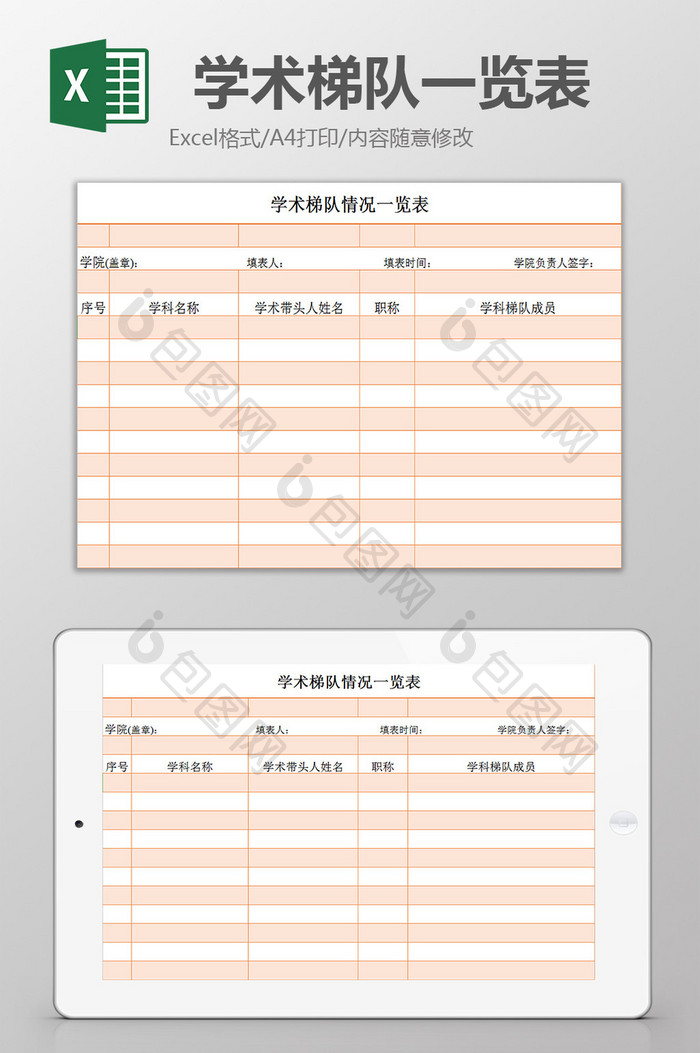 学术梯队一览表excel模板