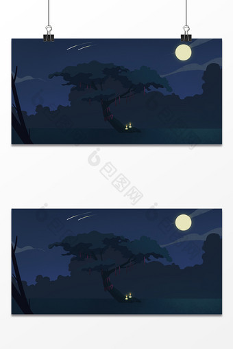 手绘夜晚明月大树场景插画图片