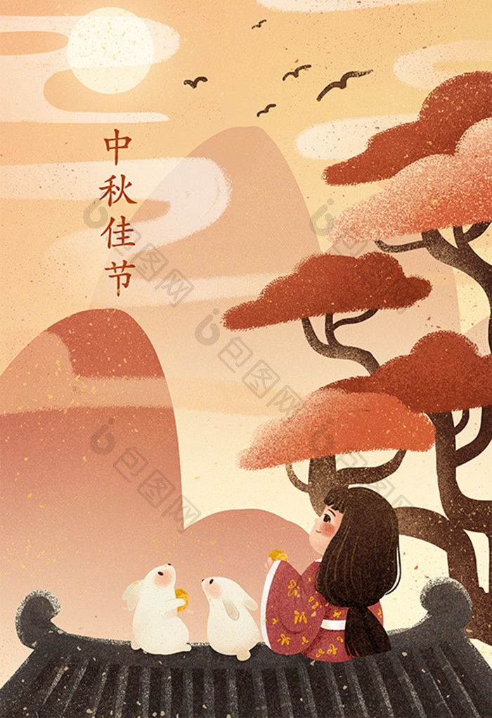 装饰风唯美中国风嫦娥玉兔中秋节日扁平插画
