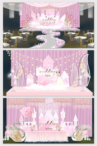 现代简约欧式粉色城堡婚礼背景效果图图片