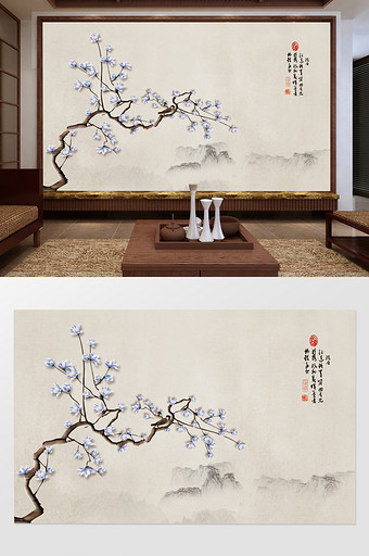 手绘玉兰新中式工笔花鸟山水背景墙装饰画图片