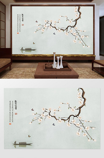 新中式手绘玉兰工笔花鸟山水背景墙装饰图片