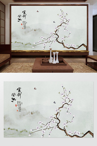 原创白玉兰手绘工笔花鸟新中式背景墙装饰画图片