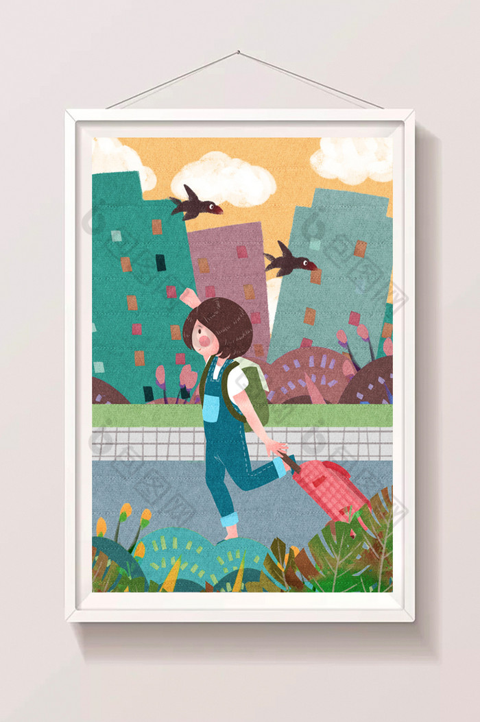 好看的开学季女孩上学路上插画图片素材免费下载,本次作品主题是插画