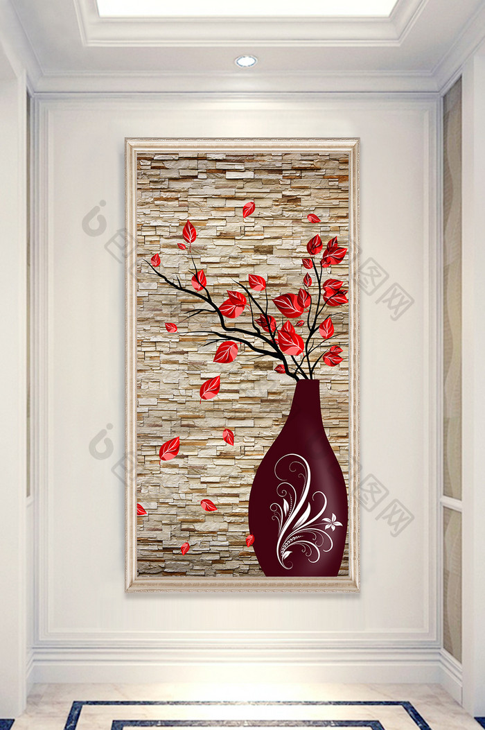 现代红叶花瓶石墙简洁大气玄关画