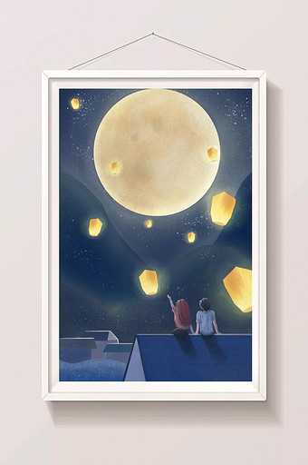 扁平俩小孩坐屋顶上赏月过中秋节插画图片