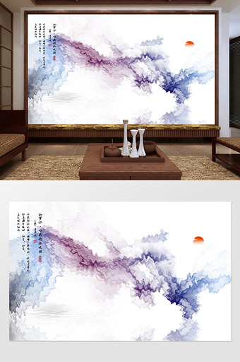 新中式手绘抽象线条水墨山水麋鹿背景墙图片