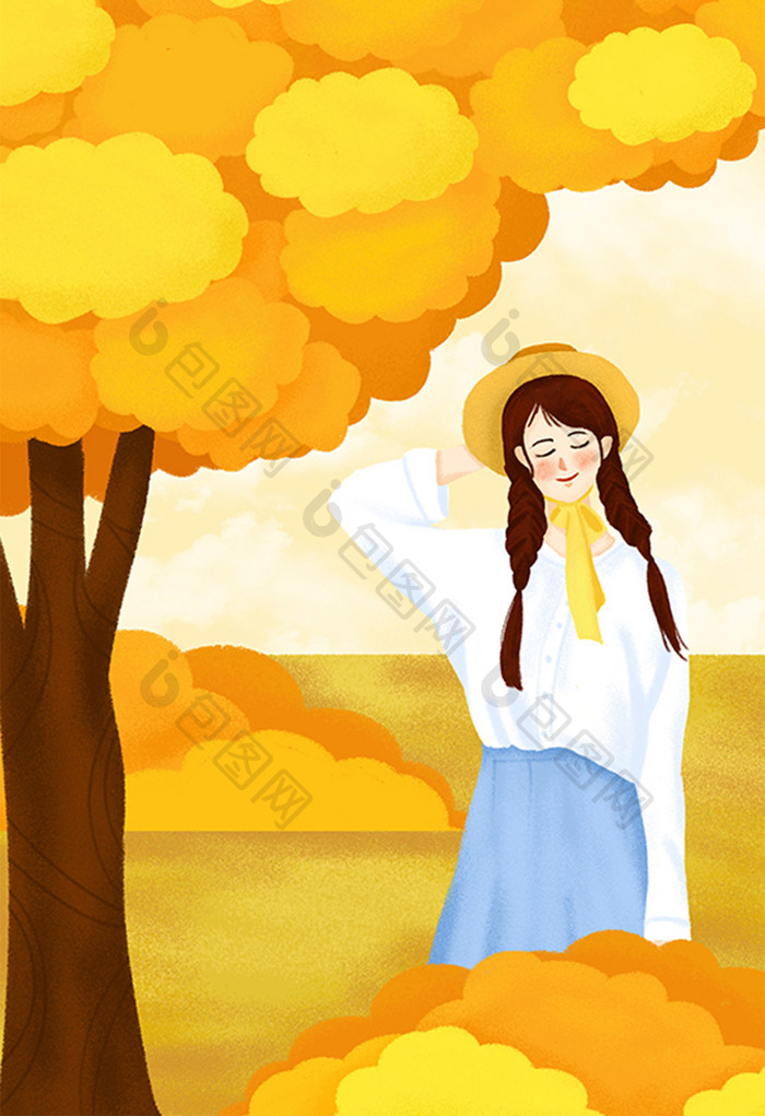 唯美节日节气秋天女孩在树林散步插画