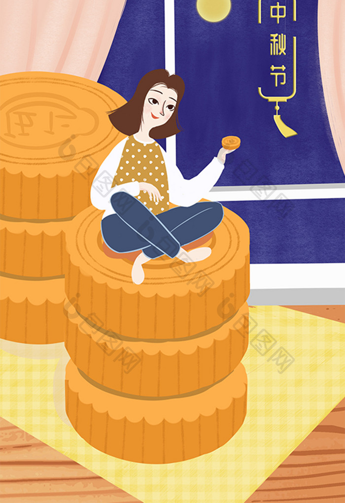卡通手绘女孩坐在月饼上插画