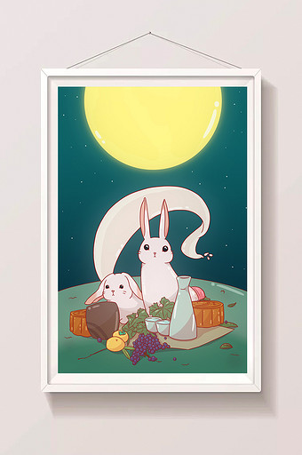 卡通可爱中秋夜景月兔兔子插画图片