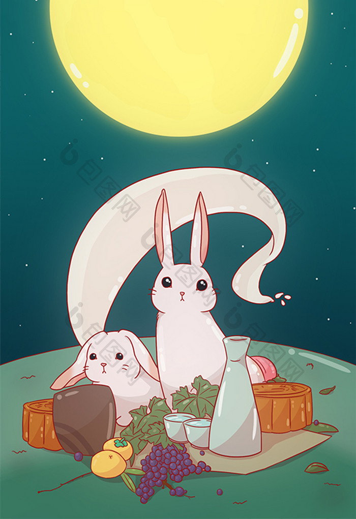 卡通可爱中秋夜景月兔兔子插画